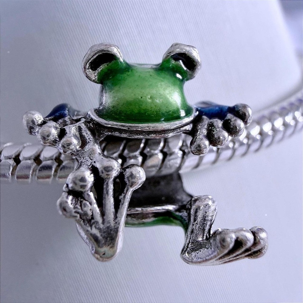 Green Silver Climbing Frog Bead Charm Fits Snake Chain Bracelet